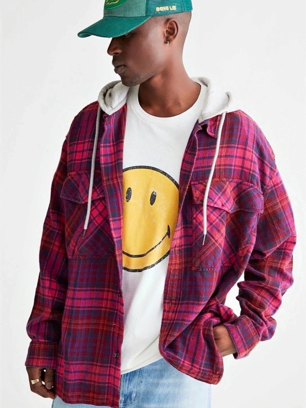 Men’s L Unisex Urban Outfitters Plaid Flannel Hooded Overshirt Red Pink Purpl